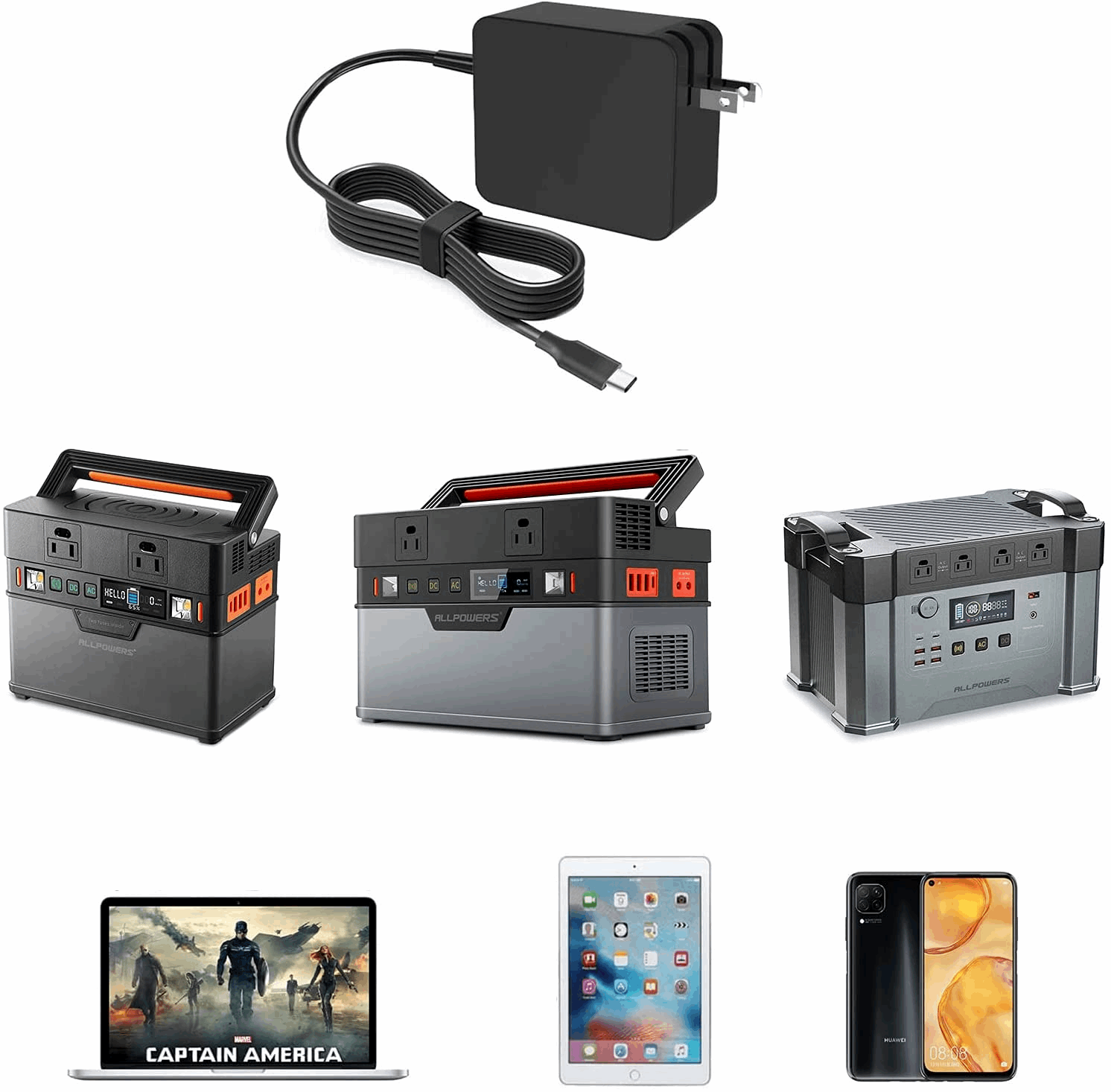 ALLPOWERS Cargador de pared USB-C PD de 65 W, cargador adaptador de corriente tipo C, Compatible con teléfonos portátiles y estaciones de energía S300/S700/S2000